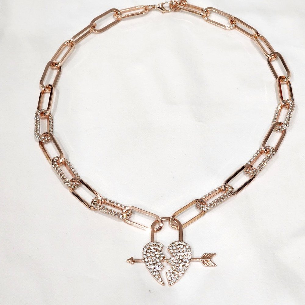 Austrian crystal paperclip heart necklace on Rose Goldtone 20-22 inch adjustable